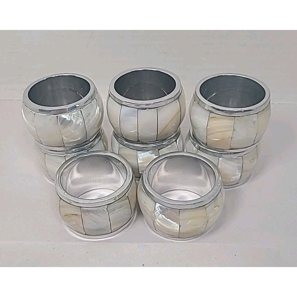 Vintage Silver Tone Mother of Pearl Napkin Rings Set of 8 - Picture 3 of 4